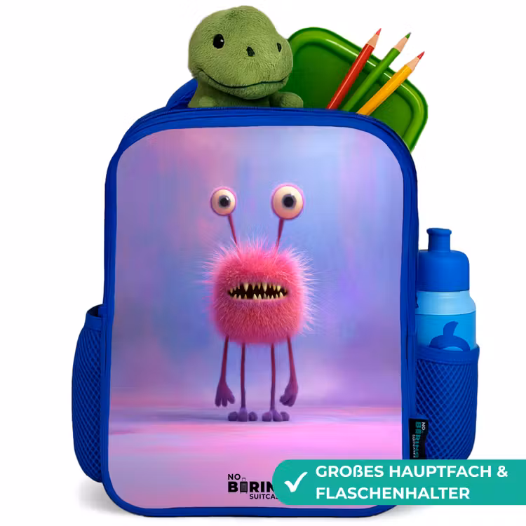 Roze harig monster met grote ogen Kinderrugzak - Blauw middel -inhoud_DE