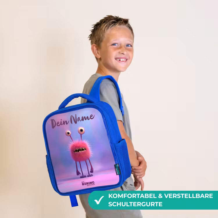 Roze harig monster met grote ogen Kinderrugzak - Blauw middel -sfeer3_DE