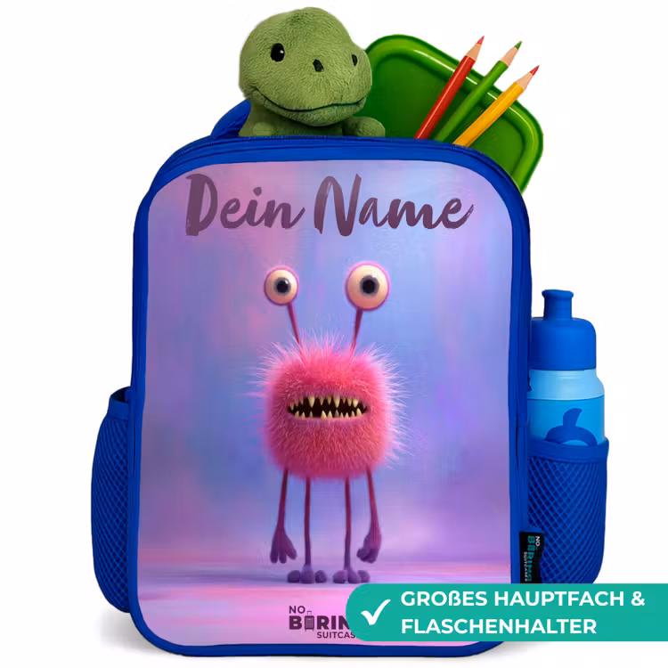 Roze harig monster met grote ogen Kinderrugzak - Blauw middel -inhoud_DE