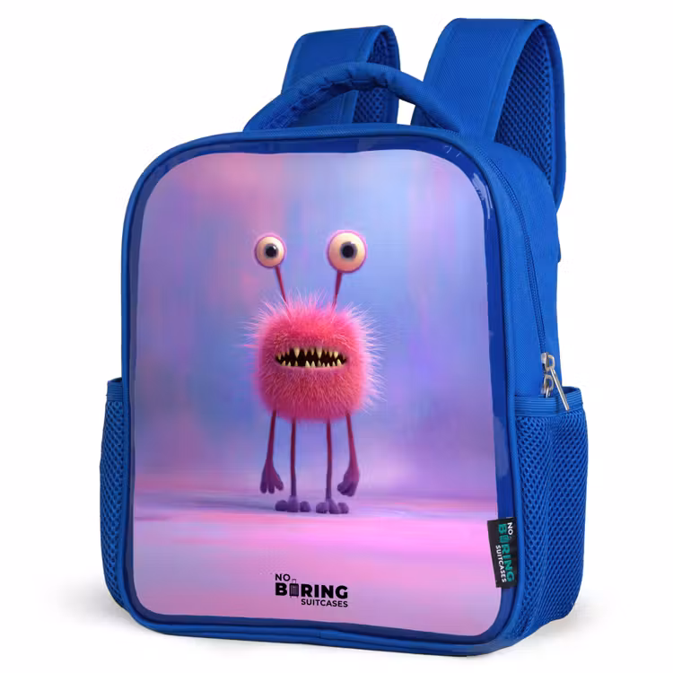 Roze harig monster met grote ogen Kinderrugzak - Blauw middel -schuin