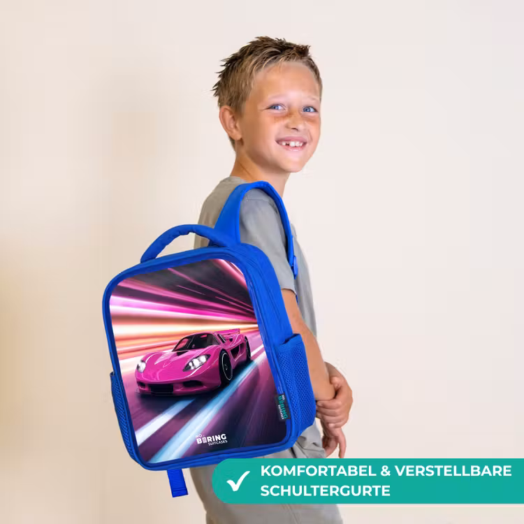 Roze raceauto flitst door neonlicht Kinderrugzak - Blauw middel -sfeer3_DE