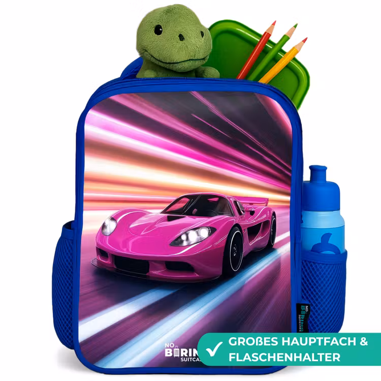 Roze raceauto flitst door neonlicht Kinderrugzak - Blauw middel -inhoud_DE