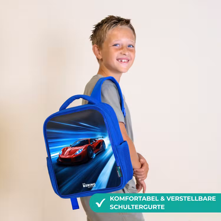 Rode racewagen in digitale snelheidswereld Kinderrugzak - Blauw middel -sfeer3_DE