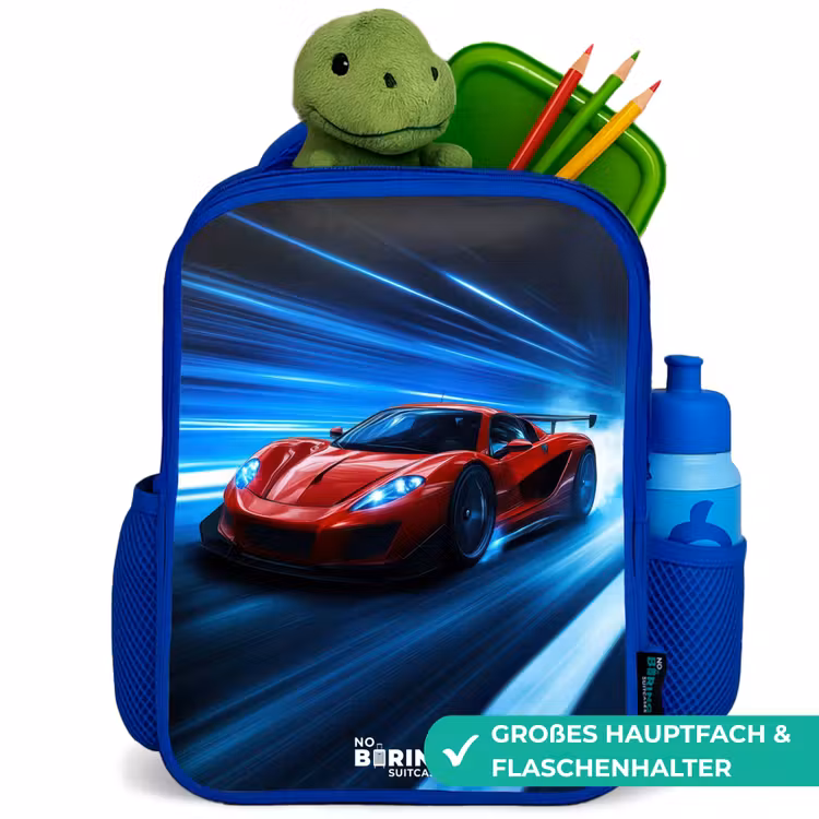 Rode racewagen in digitale snelheidswereld Kinderrugzak - Blauw middel -inhoud_DE
