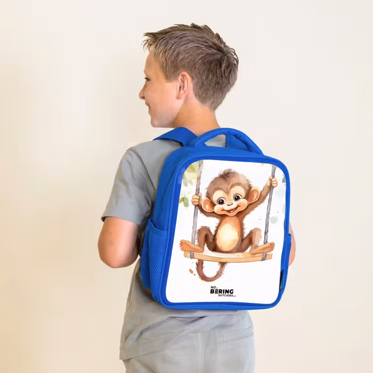 Schommelende grote aap Kinderrugzak - Blauw middel -sfeer2