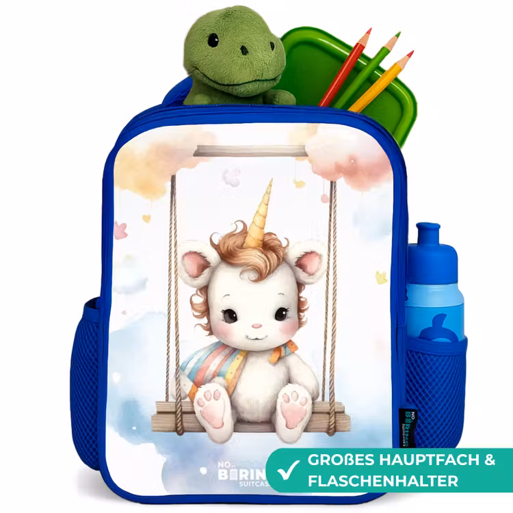 Schommelende baby eenhoorn Kinderrugzak - Blauw middel -inhoud_DE