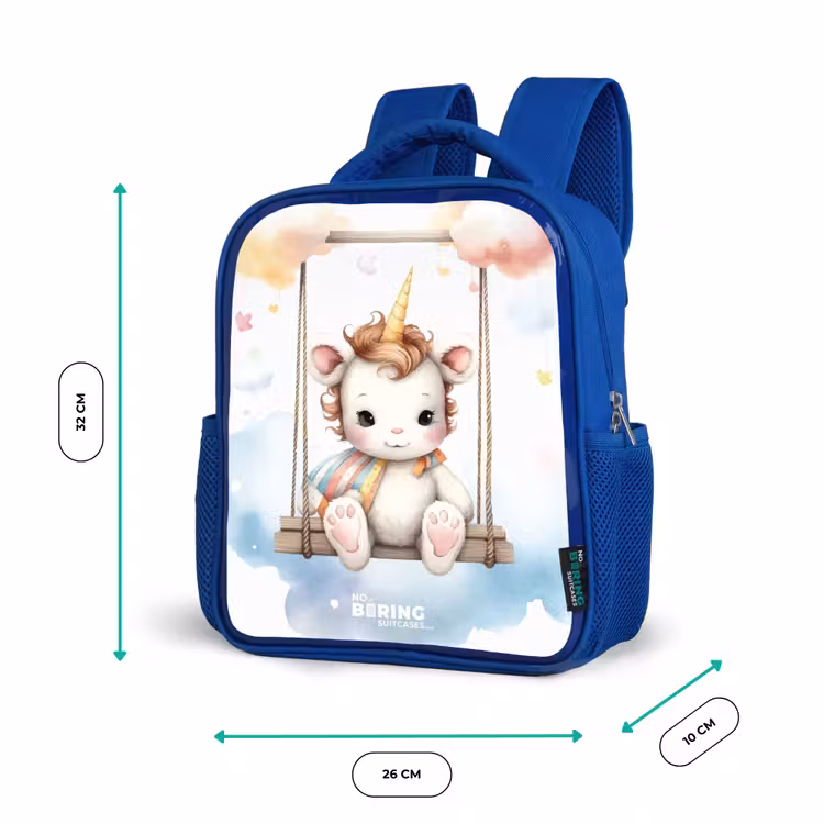 Schommelende baby eenhoorn Kinderrugzak - Blauw middel -productfoto_formaten