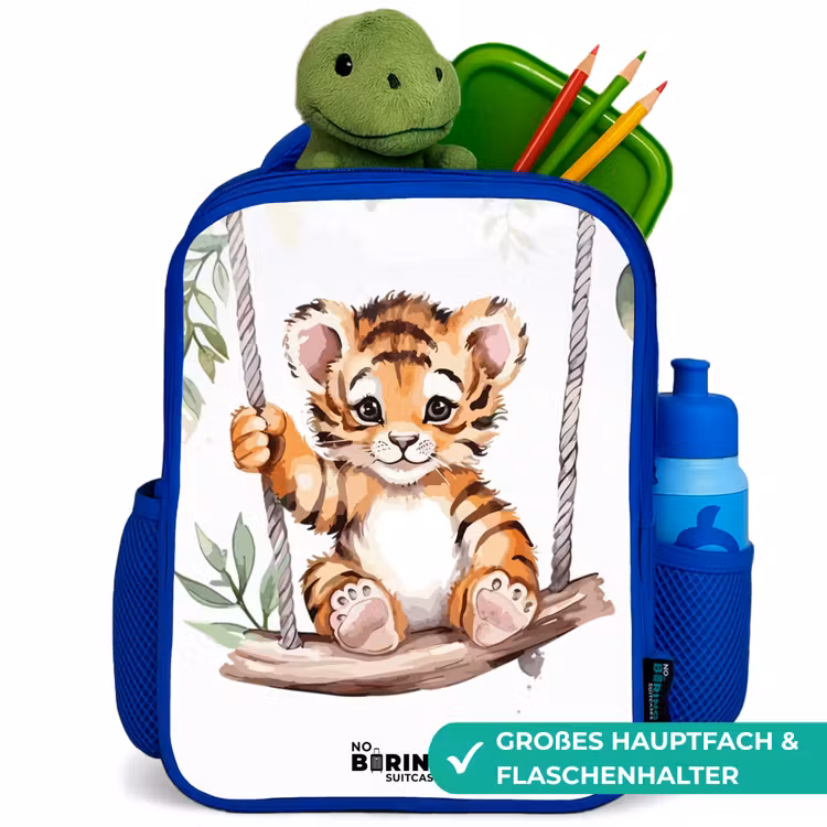 Schommelend tijgerwelpje waterverf tekening Kinderrugzak - Blauw middel -inhoud_DE