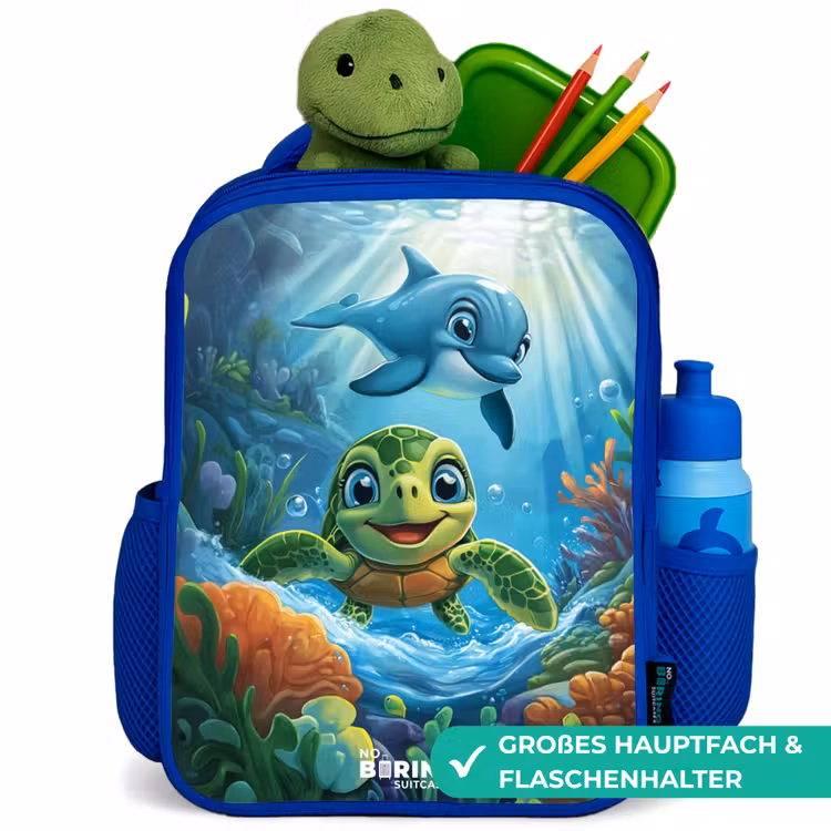 Schildpad en dolfijn in blauwe oceaan Kinderrugzak - Blauw middel -inhoud_DE