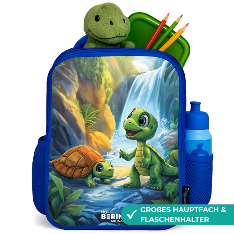 Schildpad en dino bij waterval in tropisch bos Kinderrugzak - Blauw middel -inhoud_DE