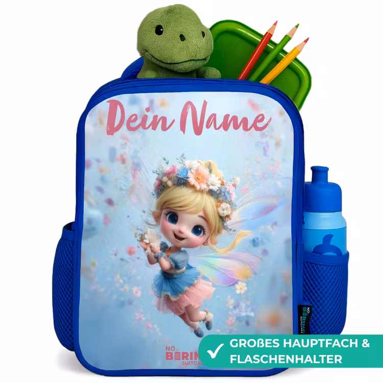 Vlinderfee in Bloemenlucht Kinderrugzak - Blauw middel -inhoud_DE