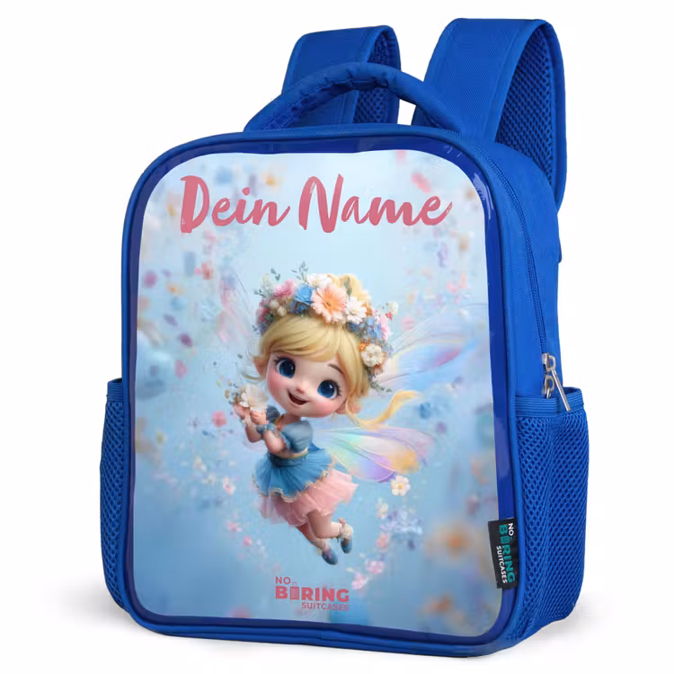 Vlinderfee in Bloemenlucht Kinderrugzak - Blauw middel -schuin