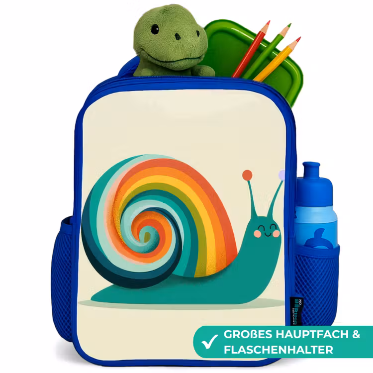 Slak - Regenboogschild - Groen Kinderrugzak - Blauw middel -inhoud_DE