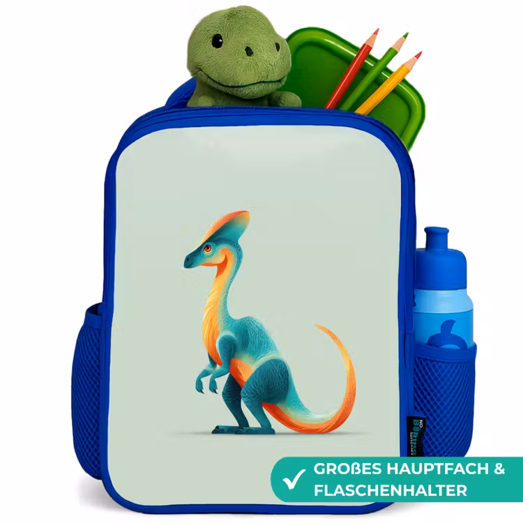 Staart - Dino - Minimalistisch - Blauw Kinderrugzak - Blauw middel -inhoud_DE