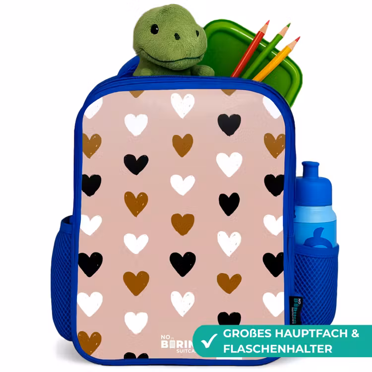 Zwart, wit en bruin hartjespatroon op oudroze achtergrond Kinderrugzak - Blauw middel -inhoud_DE