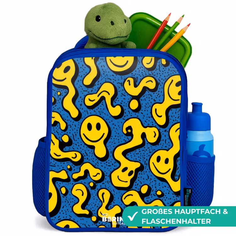 Smiley - Geel - Blauw Kinderrugzak - Blauw middel -inhoud_DE