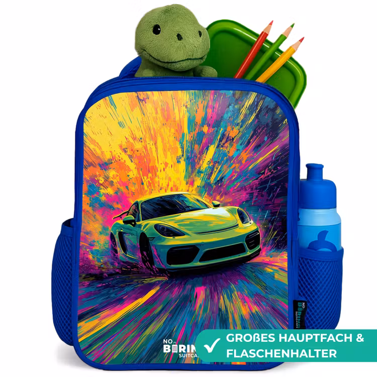 Sportwagen - Explosie - Kleurrijk - Verfstrepen Kinderrugzak - Blauw middel -inhoud_DE