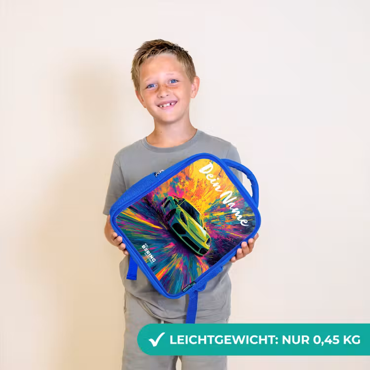 Sportauto - Groen - Verfstrepen - Kleuren Kinderrugzak - Blauw middel -sfeer1_DE