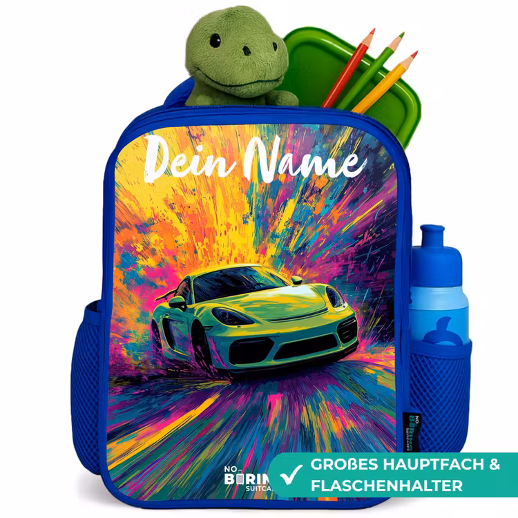 Sportauto - Groen - Verfstrepen - Kleuren Kinderrugzak - Blauw middel -inhoud_DE