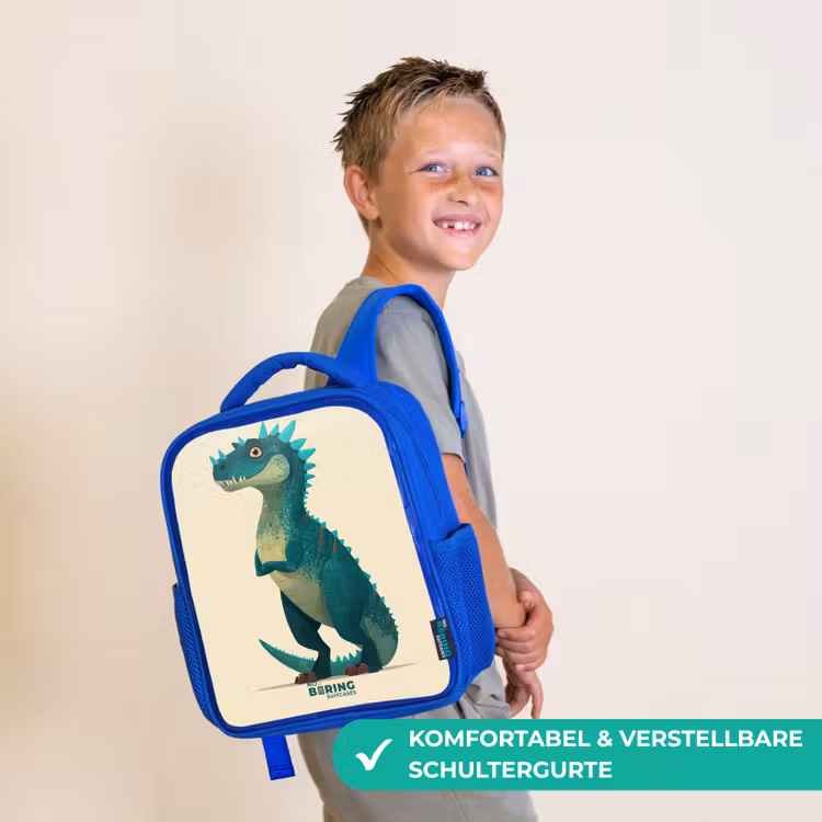 Spiky dino met vriendelijke blik Kinderrugzak - Blauw middel -sfeer3_DE