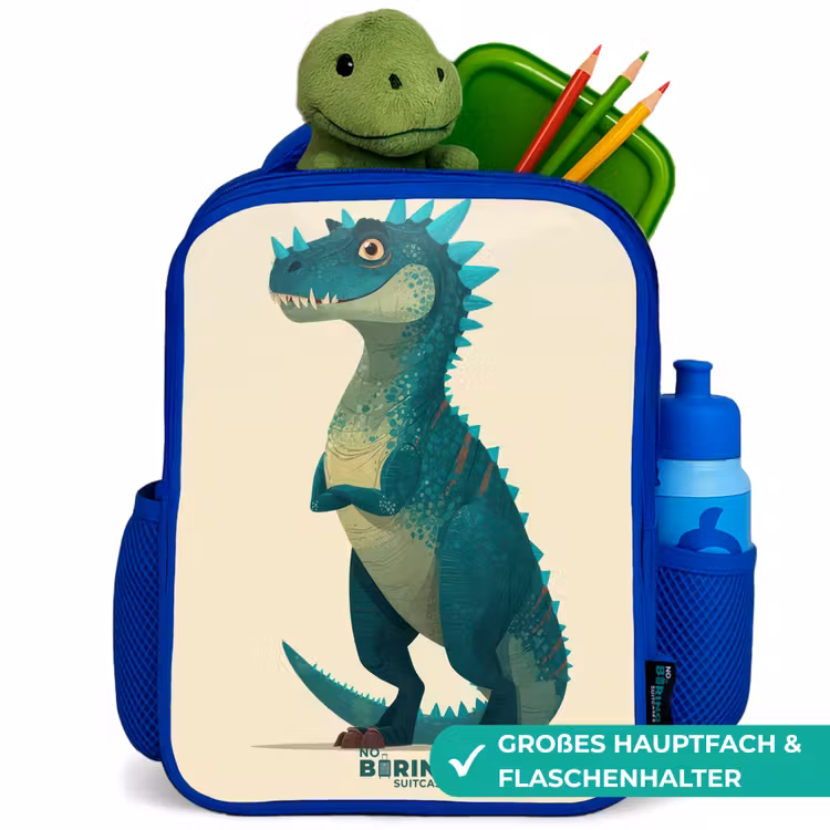 Spiky dino met vriendelijke blik Kinderrugzak - Blauw middel -inhoud_DE