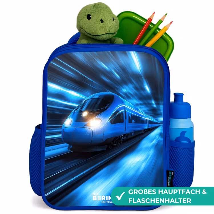 Supersnelle trein in neonblauwe tunnel Kinderrugzak - Blauw middel -inhoud_DE