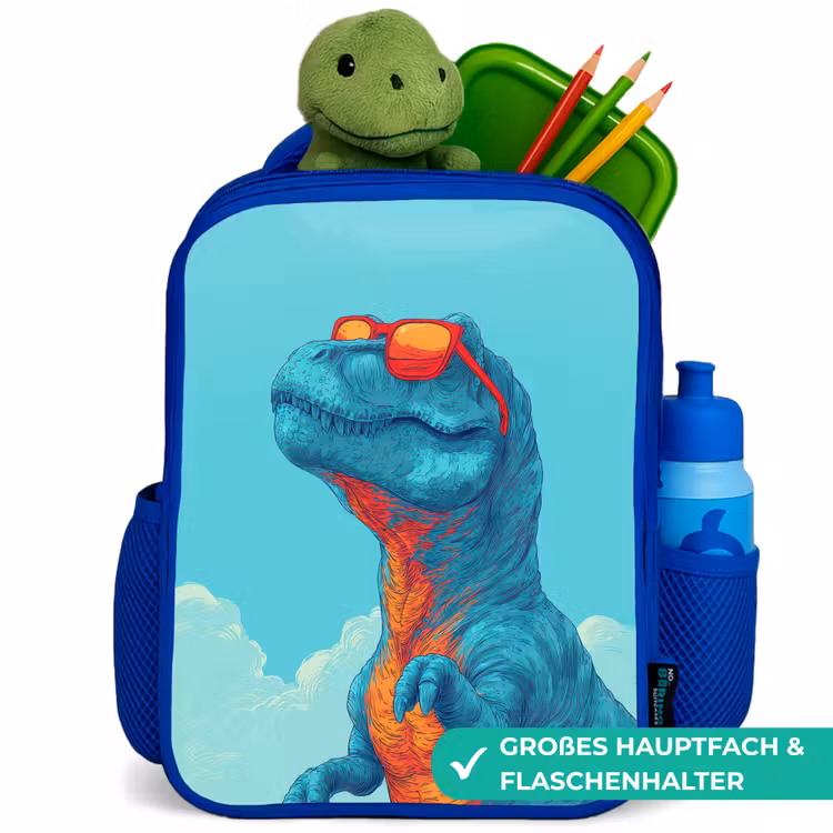 T-Rex - Blauw - Wolken - Zonnebril Kinderrugzak - Blauw middel -inhoud_DE