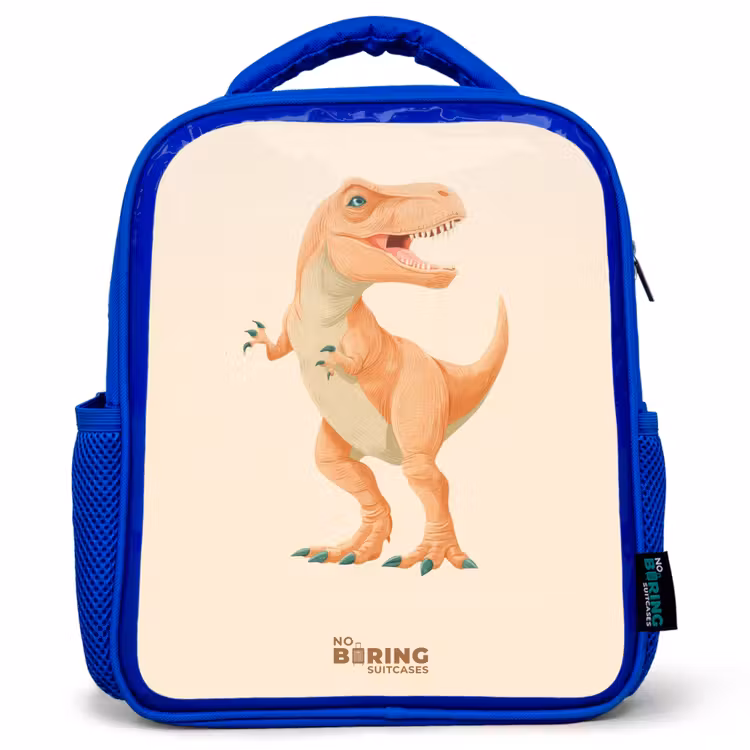 T-rex dino in oranje kleuren Kinderrugzak - Blauw middel -3d