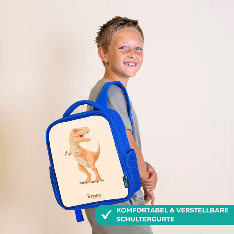 T-rex dino in oranje kleuren Kinderrugzak - Blauw middel -sfeer3_DE