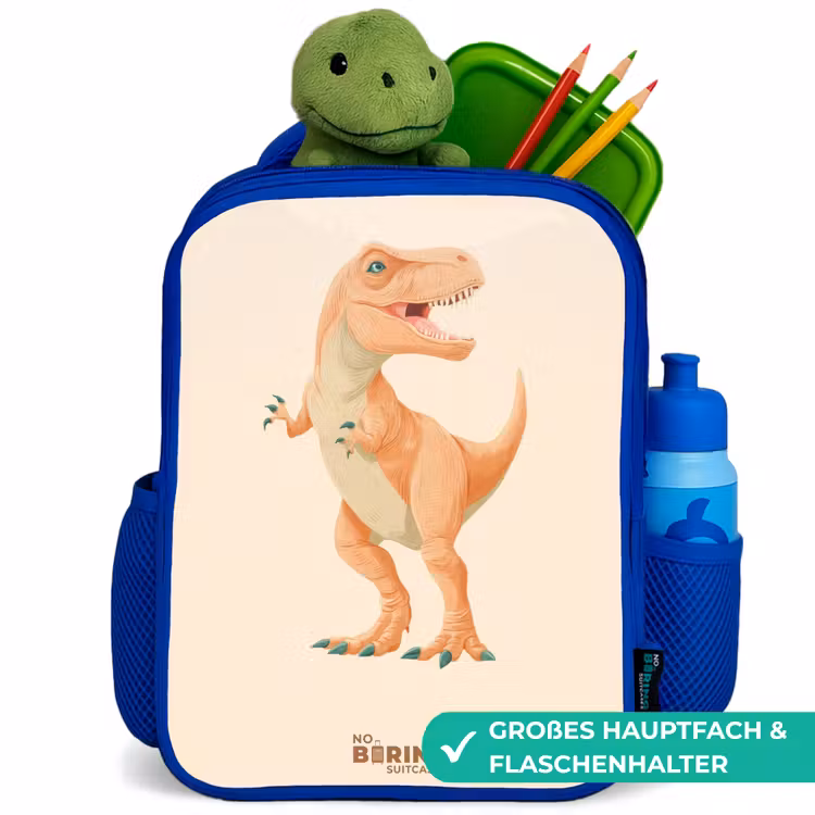 T-rex dino in oranje kleuren Kinderrugzak - Blauw middel -inhoud_DE
