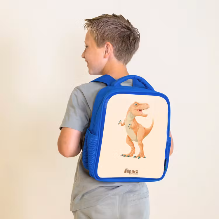 T-rex dino in oranje kleuren Kinderrugzak - Blauw middel -sfeer2