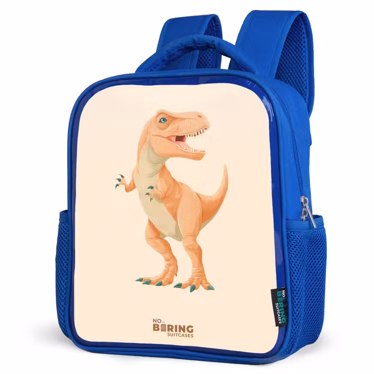 T-rex dino in oranje kleuren Kinderrugzak - Blauw middel -schuin