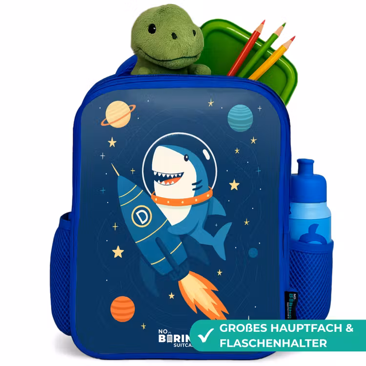 Dier - Ruimte - Planeet - Raket Kinderrugzak - Blauw middel -inhoud_DE