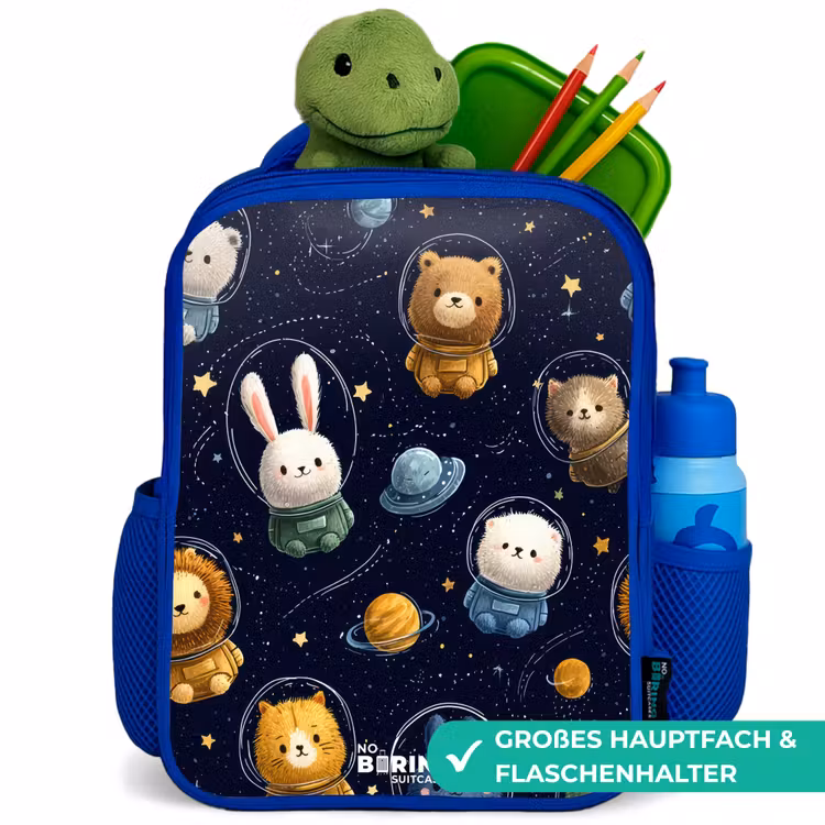 Dieren - Astronaut - Planeten - Sterren Kinderrugzak - Blauw middel -inhoud_DE