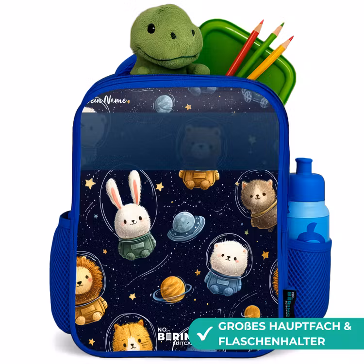 Dieren - Astronaut - Planeten - Sterren Kinderrugzak - Blauw middel -inhoud_DE