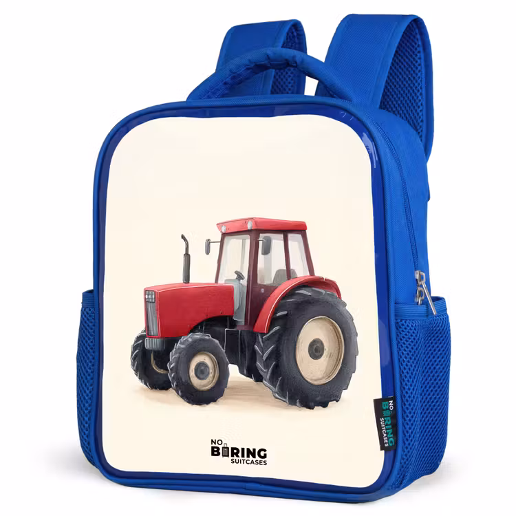 Tractor - Getekend - Rood Kinderrugzak - Blauw middel -schuin