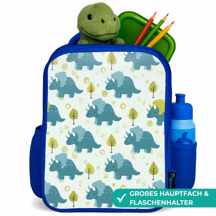Triceratop - Blauw - Stippen - Boompjes Kinderrugzak - Blauw middel -inhoud_DE