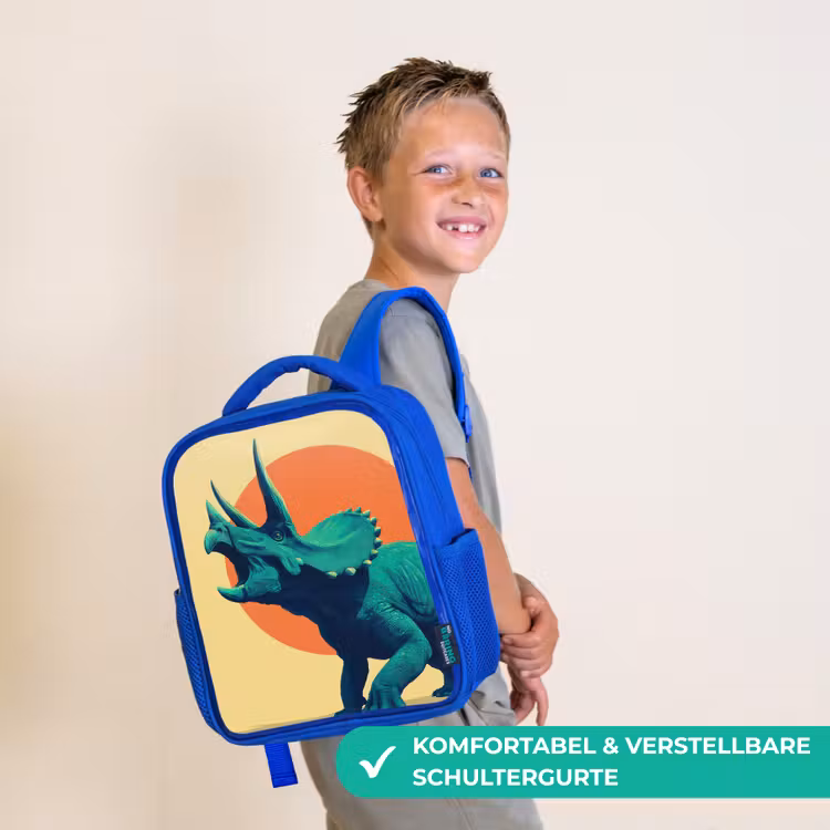 Triceratops - Cirkel - Oranje - Hoorns Kinderrugzak - Blauw middel -sfeer3_DE