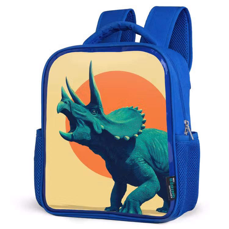 Triceratops - Cirkel - Oranje - Hoorns Kinderrugzak - Blauw middel -schuin