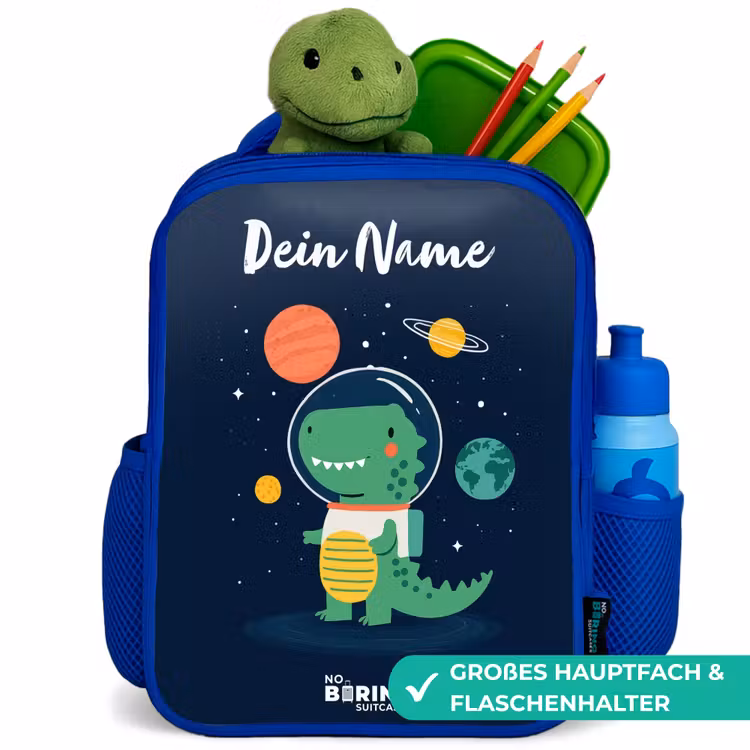 Ruimte - Dino - Planeten - Sterren Kinderrugzak - Blauw middel -inhoud_DE