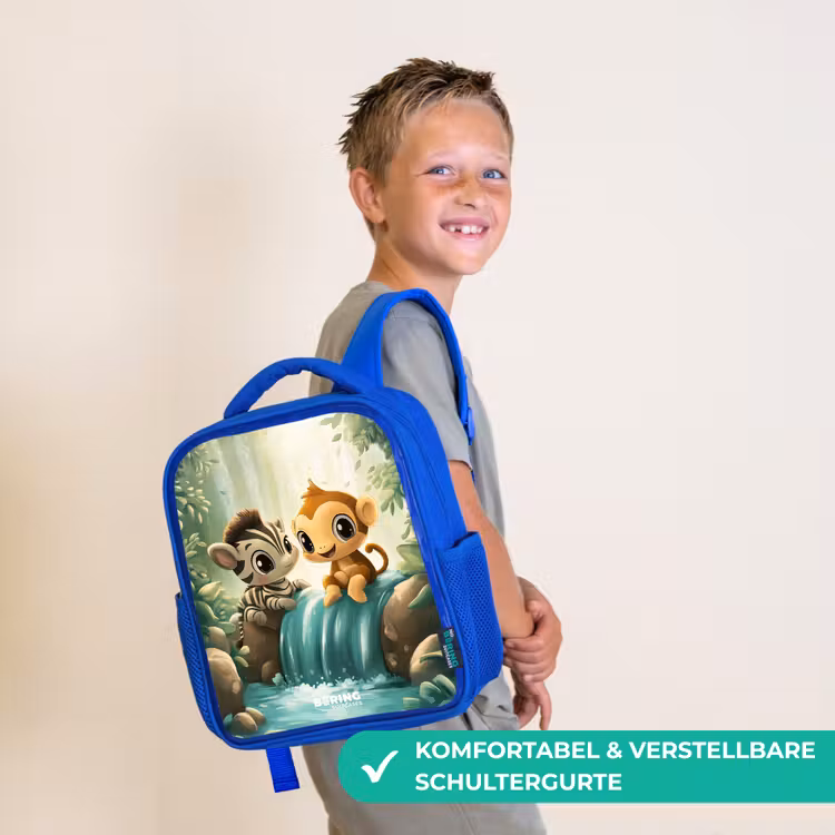 Zebra - Aapje - Waterval - Rotsen Kinderrugzak - Blauw middel -sfeer3_DE