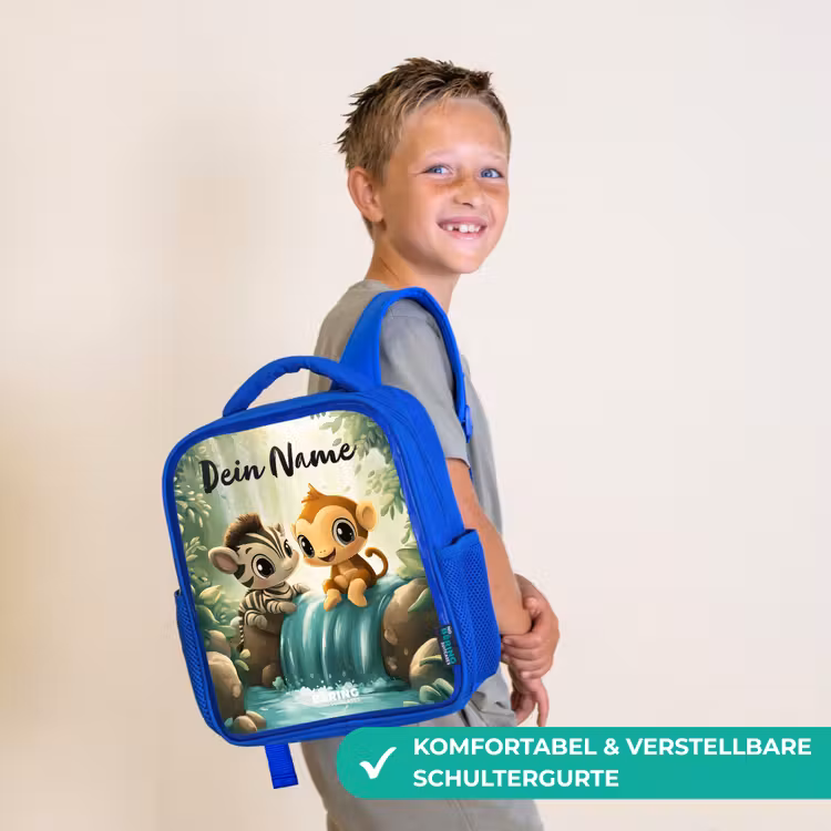Zebra - Aapje - Waterval - Rotsen Kinderrugzak - Blauw middel -sfeer3_DE