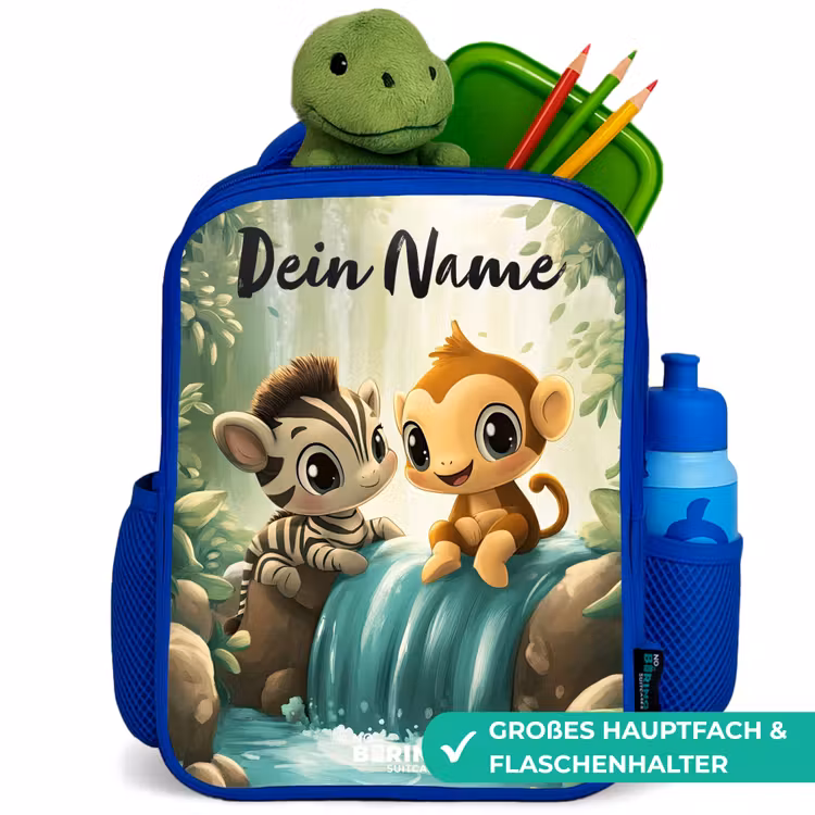 Zebra - Aapje - Waterval - Rotsen Kinderrugzak - Blauw middel -inhoud_DE