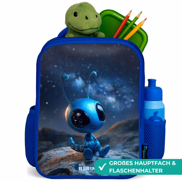 Blauw buitenaards wezentje onder sterrenhemel Kinderrugzak - Blauw middel -inhoud_DE