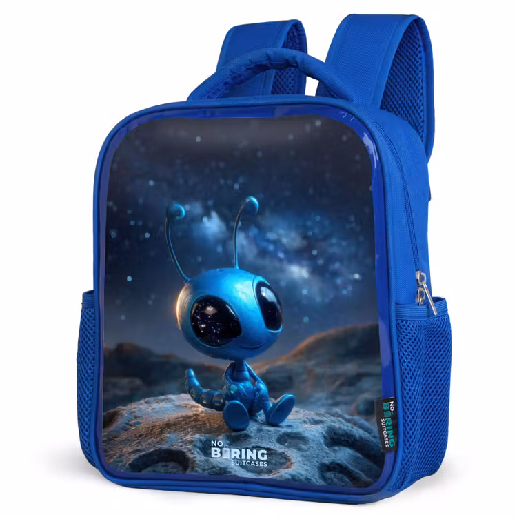 Blauw buitenaards wezentje onder sterrenhemel Kinderrugzak - Blauw middel -schuin