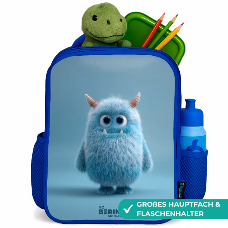 Blauw pluizig monster met hoorns Kinderrugzak - Blauw middel -inhoud_DE