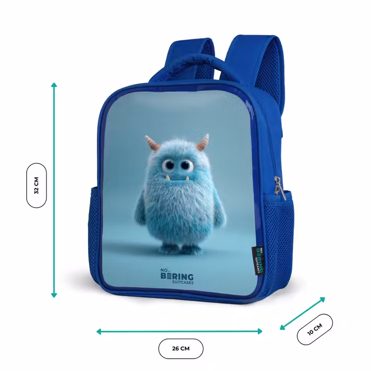 Blauw pluizig monster met hoorns Kinderrugzak - Blauw middel -productfoto_formaten