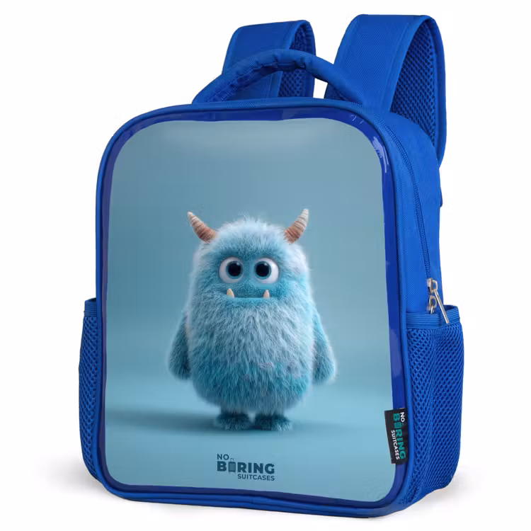 Blauw pluizig monster met hoorns Kinderrugzak - Blauw middel -schuin