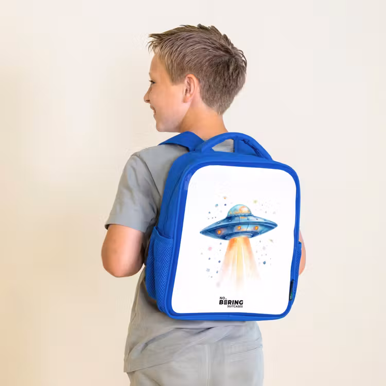 Blauw ruimteschip met lichtstraal Kinderrugzak - Blauw middel -sfeer2