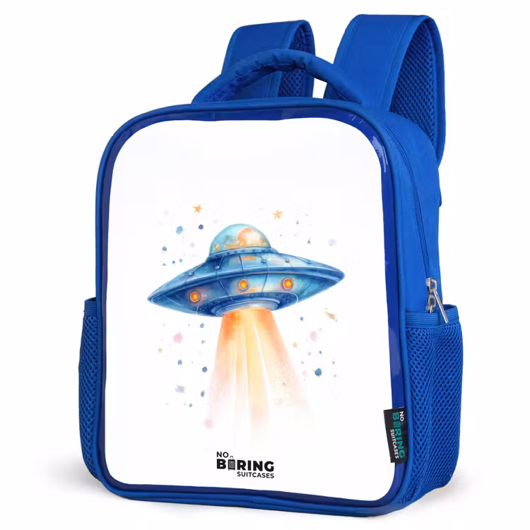 Blauw ruimteschip met lichtstraal Kinderrugzak - Blauw middel -schuin